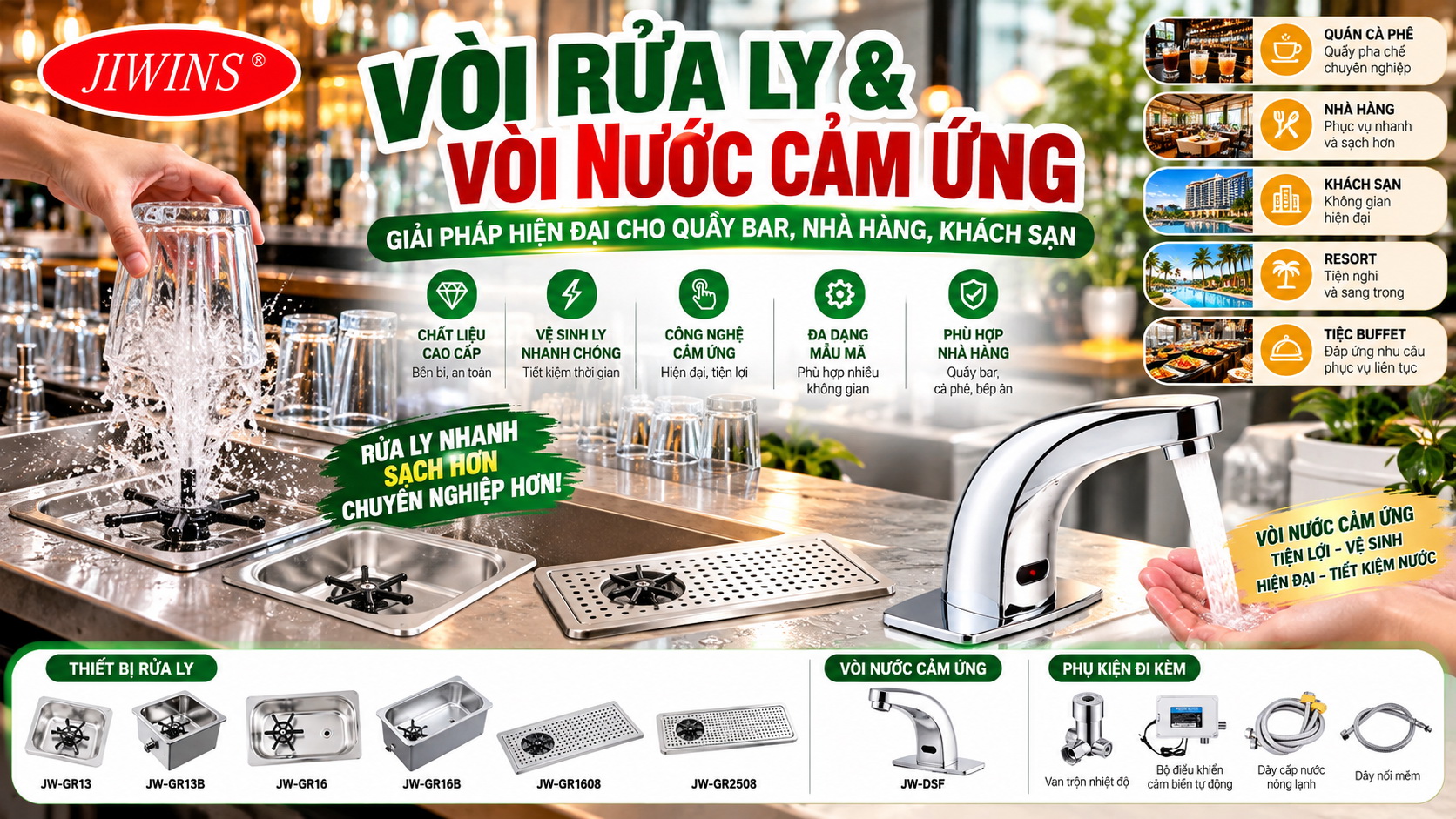 Thiết bị vòi rửa ly và vòi nước cảm ứng JIWINS